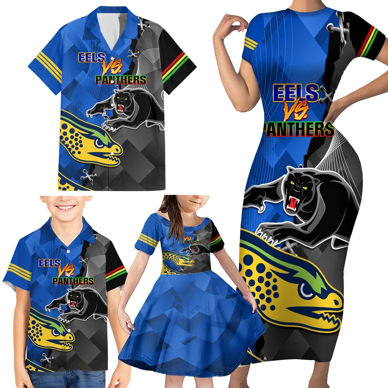 personalised-panthers-and-eels-family-matching-short-sleeve-bodycon-dress-and-hawaiian-shirt-sporty-version