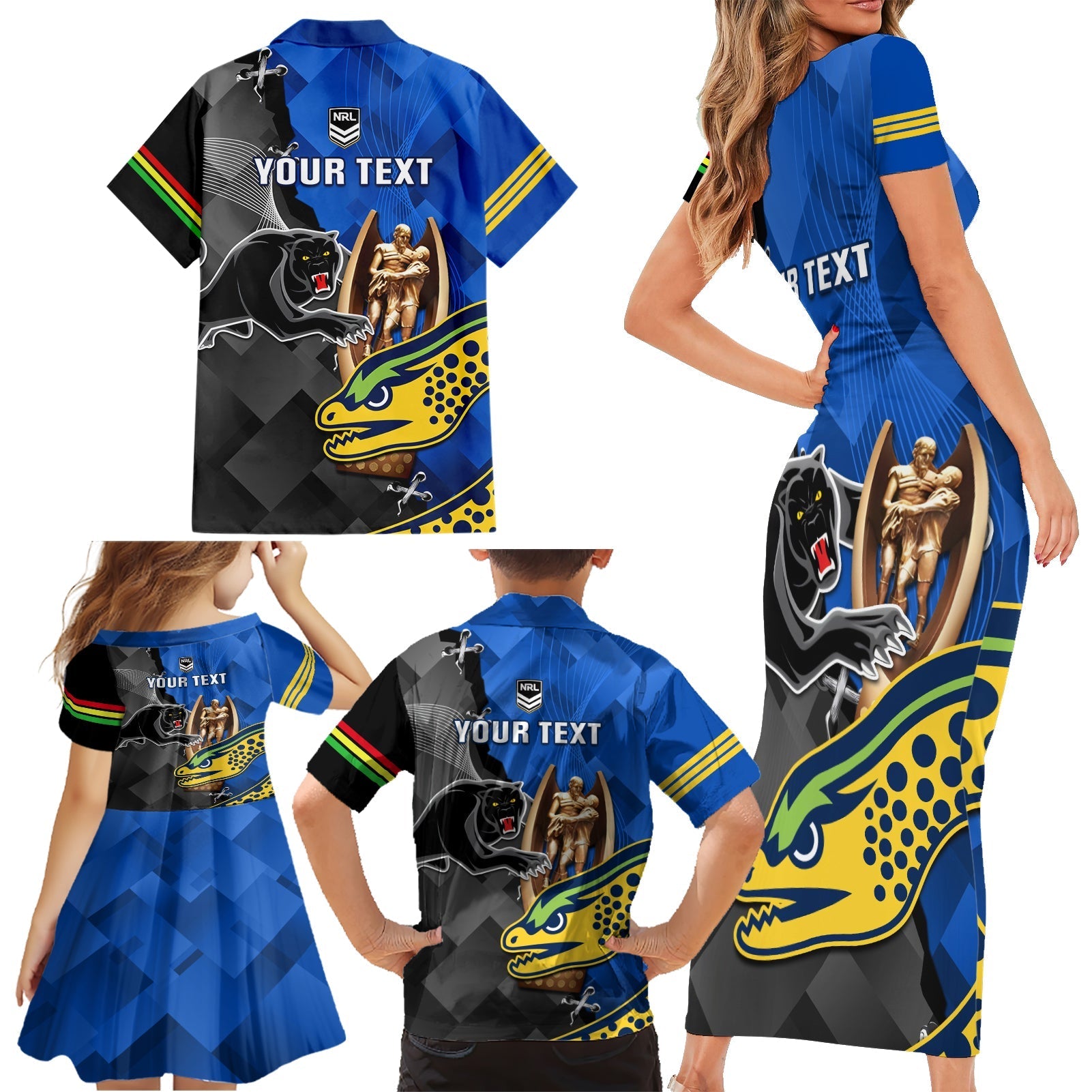personalised-panthers-and-eels-family-matching-short-sleeve-bodycon-dress-and-hawaiian-shirt-sporty-version