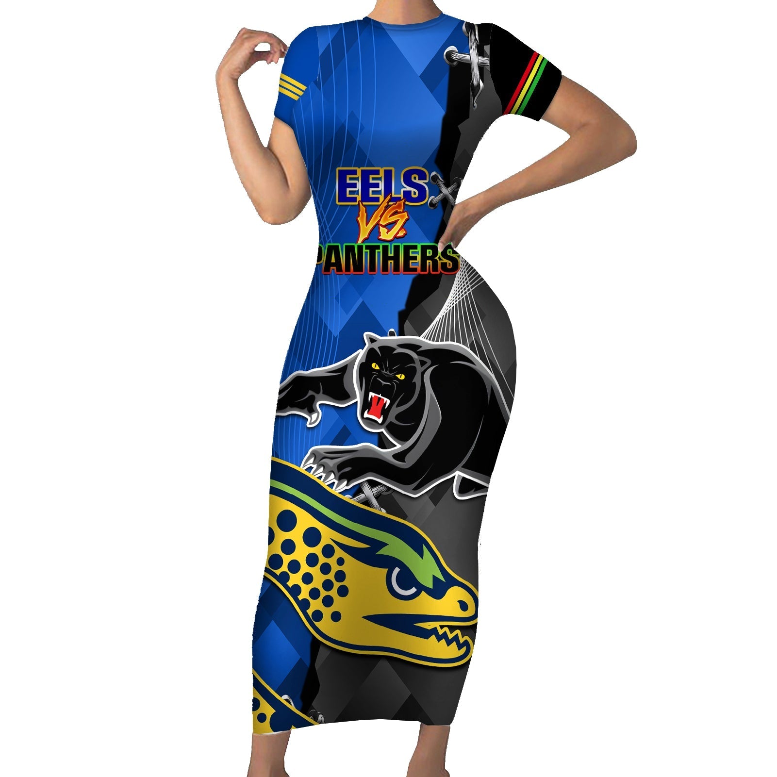 personalised-panthers-and-eels-family-matching-short-sleeve-bodycon-dress-and-hawaiian-shirt-sporty-version