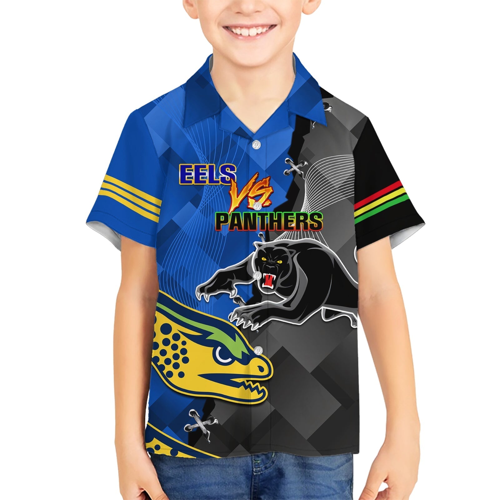 personalised-panthers-and-eels-family-matching-short-sleeve-bodycon-dress-and-hawaiian-shirt-sporty-version