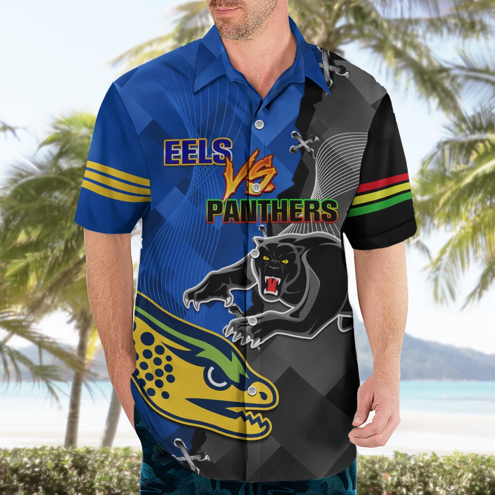 Personalised Panthers And Eels Hawaiian Shirt Sporty Version - Vibe Hoodie Shop