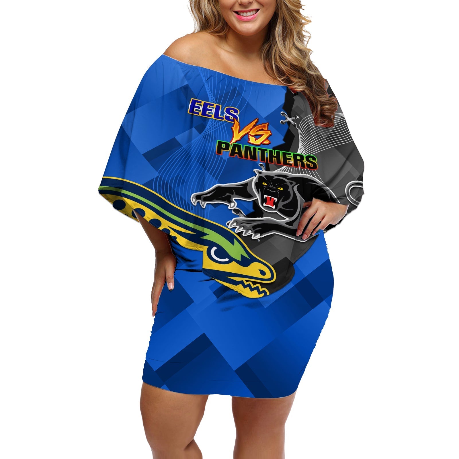 personalised-panthers-and-eels-off-shoulder-short-dress-sporty-version