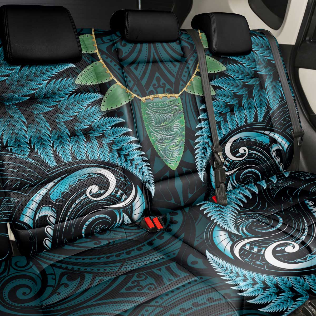 Aotearoa Pounamu Niho Back Car Seat Cover Silver Fern Mix Maori Pattern - Turquoise