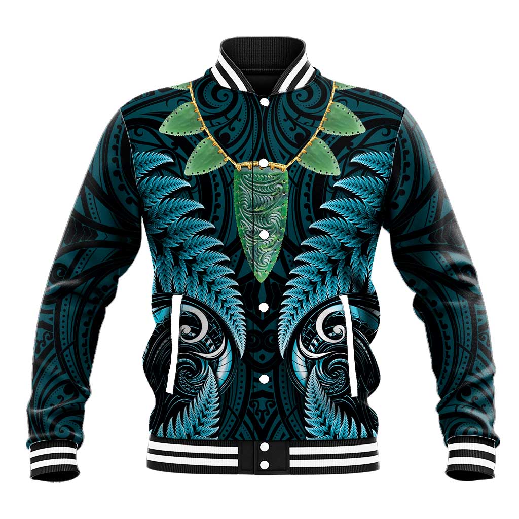 Aotearoa Pounamu Niho Baseball Jacket Silver Fern Mix Maori Pattern - Turquoise - Vibe Hoodie Shop