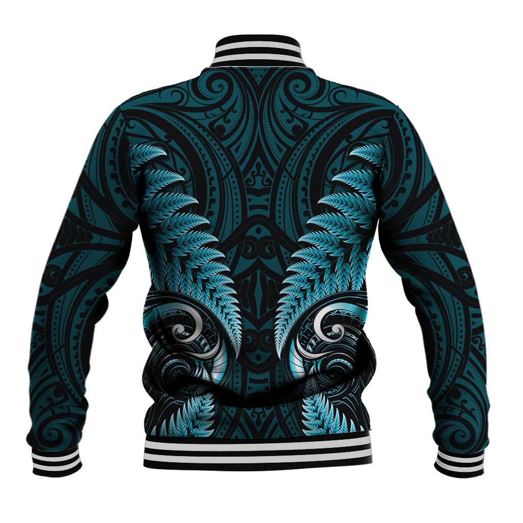 Aotearoa Pounamu Niho Baseball Jacket Silver Fern Mix Maori Pattern - Turquoise - Vibe Hoodie Shop