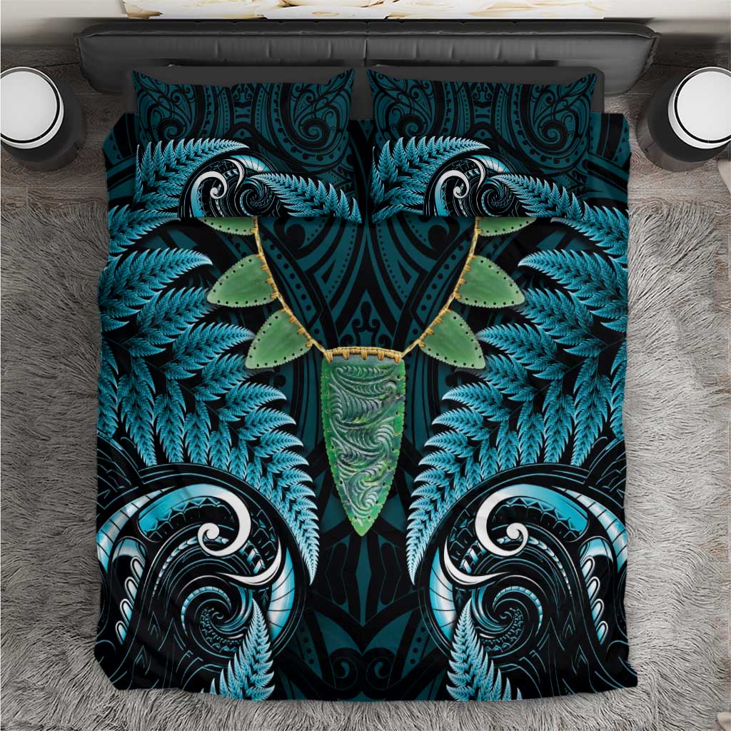 Aotearoa Pounamu Niho Bedding Set Silver Fern Mix Maori Pattern - Turquoise - Vibe Hoodie Shop