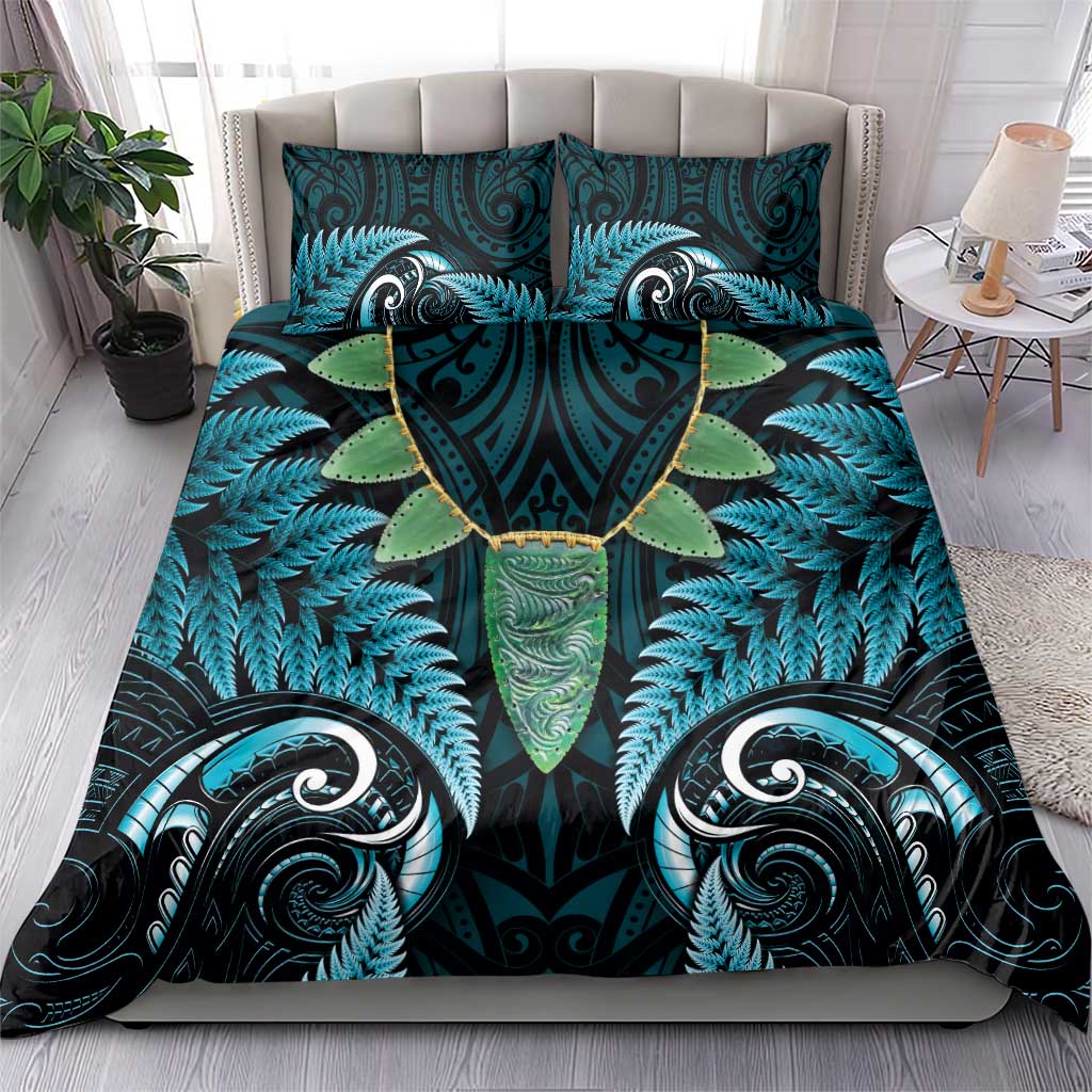 Aotearoa Pounamu Niho Bedding Set Silver Fern Mix Maori Pattern - Turquoise - Vibe Hoodie Shop