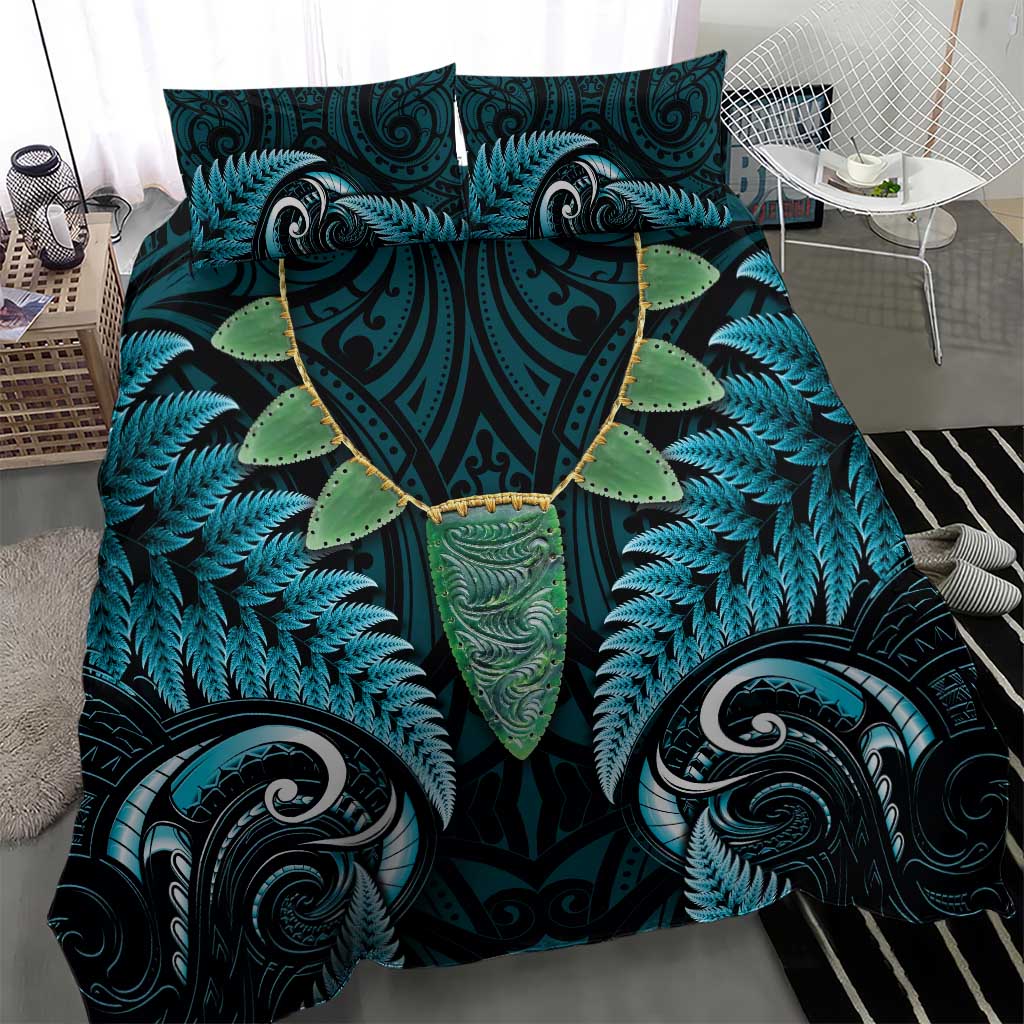 Aotearoa Pounamu Niho Bedding Set Silver Fern Mix Maori Pattern - Turquoise - Vibe Hoodie Shop