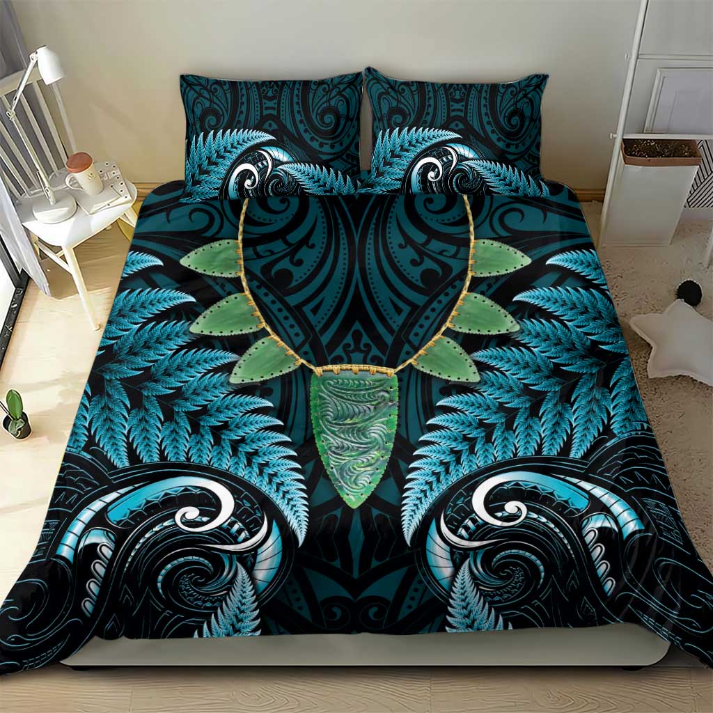 Aotearoa Pounamu Niho Bedding Set Silver Fern Mix Maori Pattern - Turquoise - Vibe Hoodie Shop