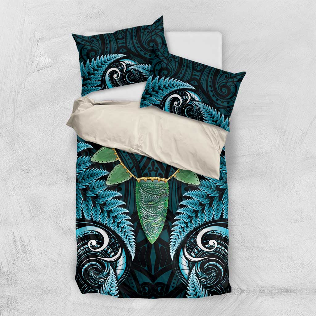 Aotearoa Pounamu Niho Bedding Set Silver Fern Mix Maori Pattern - Turquoise - Vibe Hoodie Shop