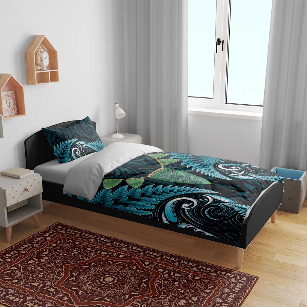 Aotearoa Pounamu Niho Bedding Set Silver Fern Mix Maori Pattern - Turquoise - Vibe Hoodie Shop