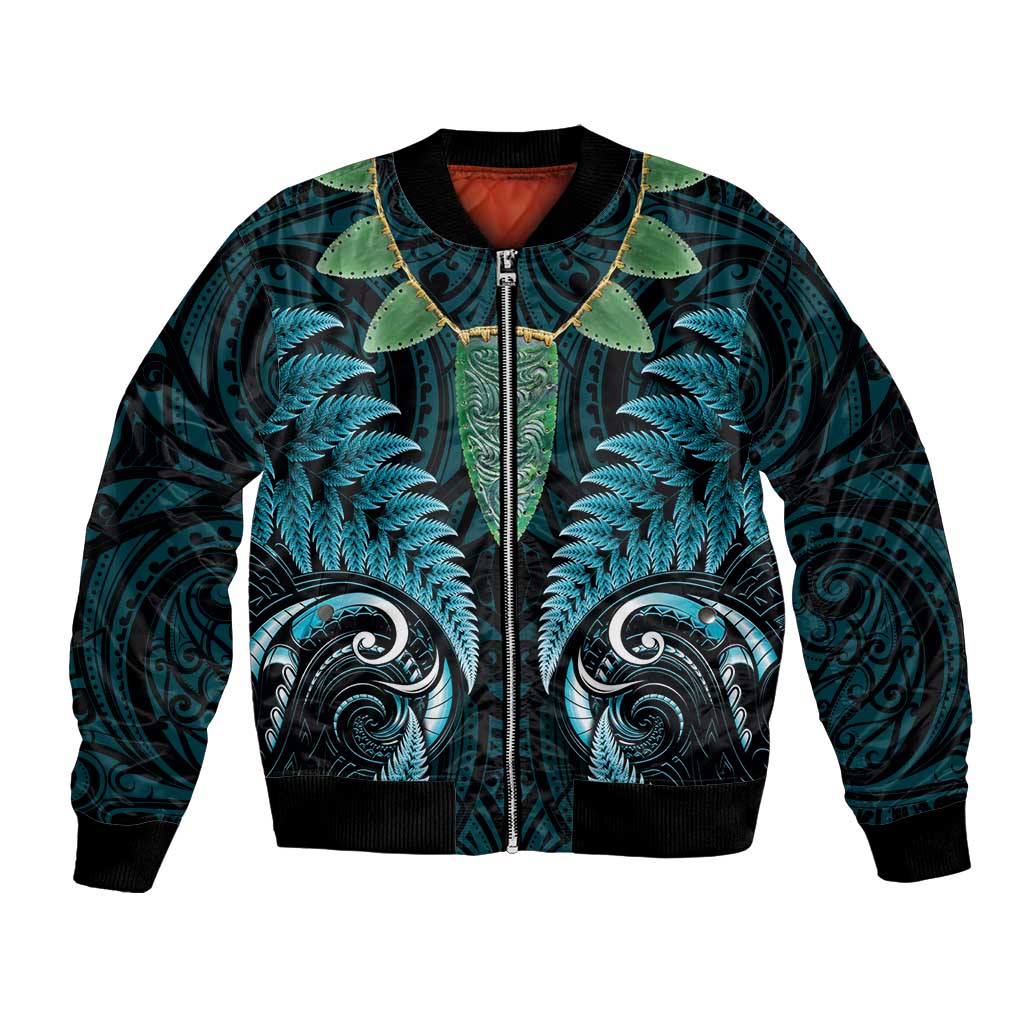 Aotearoa Pounamu Niho Bomber Jacket Silver Fern Mix Maori Pattern - Turquoise - Vibe Hoodie Shop