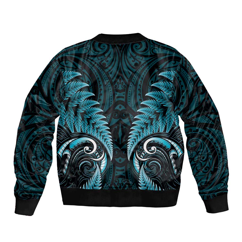 Aotearoa Pounamu Niho Bomber Jacket Silver Fern Mix Maori Pattern - Turquoise - Vibe Hoodie Shop