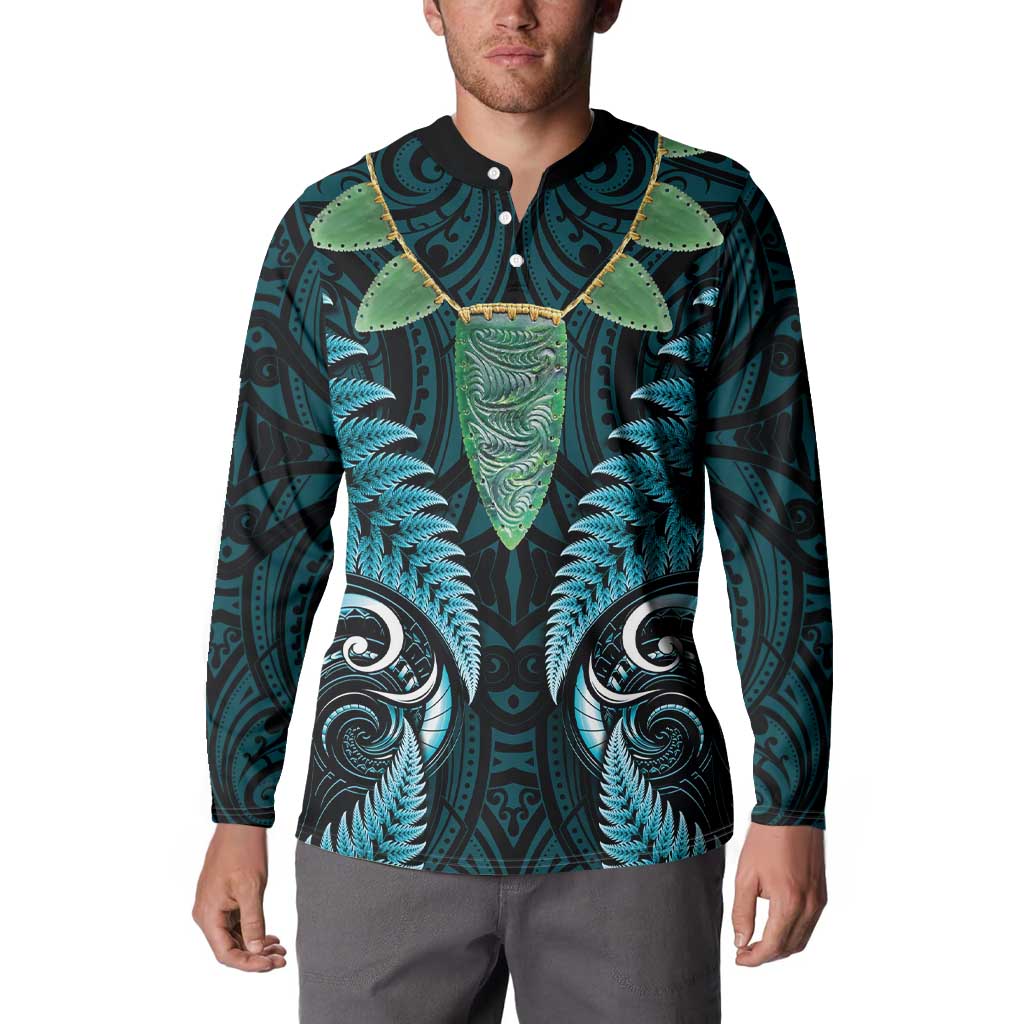 Aotearoa Pounamu Niho Button Sweatshirt Silver Fern Mix Maori Pattern - Turquoise