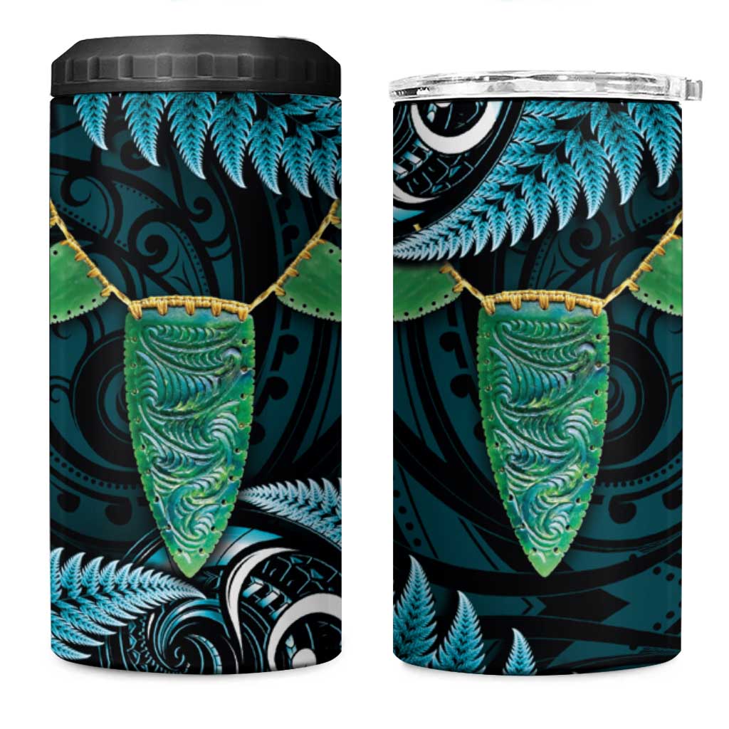 Aotearoa Pounamu Niho 4 in 1 Can Cooler Tumbler Silver Fern Mix Maori Pattern - Turquoise