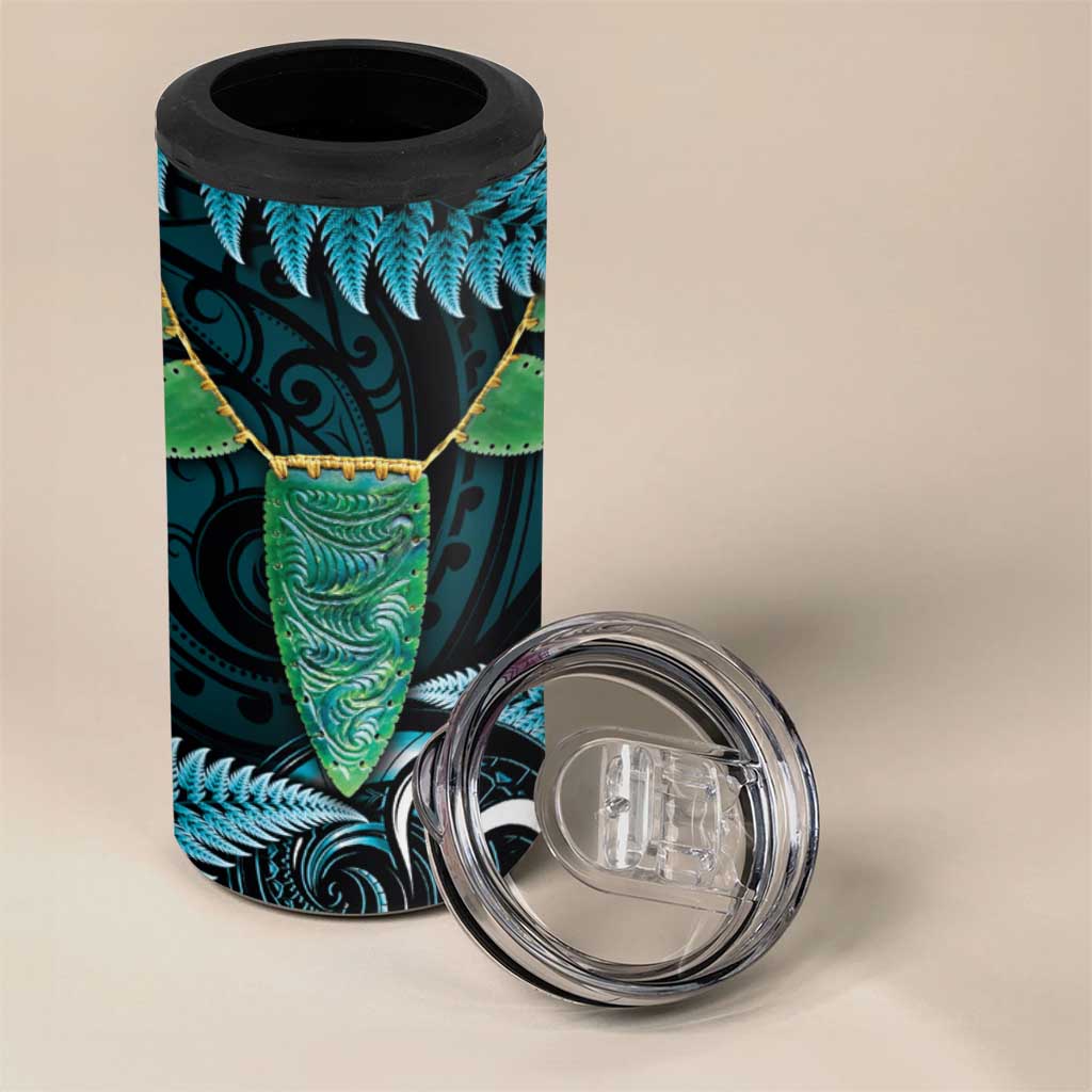 Aotearoa Pounamu Niho 4 in 1 Can Cooler Tumbler Silver Fern Mix Maori Pattern - Turquoise