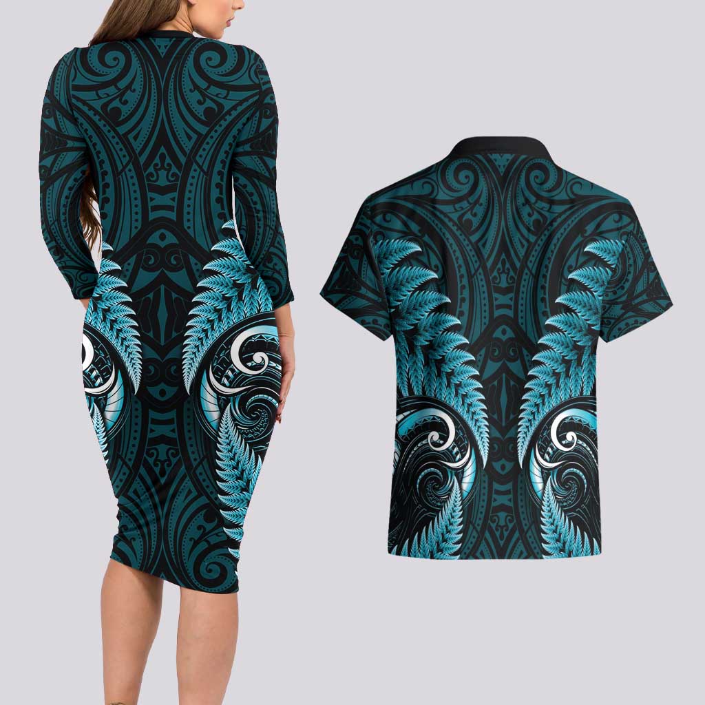 Aotearoa Pounamu Niho Couples Matching Long Sleeve Bodycon Dress and Hawaiian Shirt Silver Fern Mix Maori Pattern - Turquoise