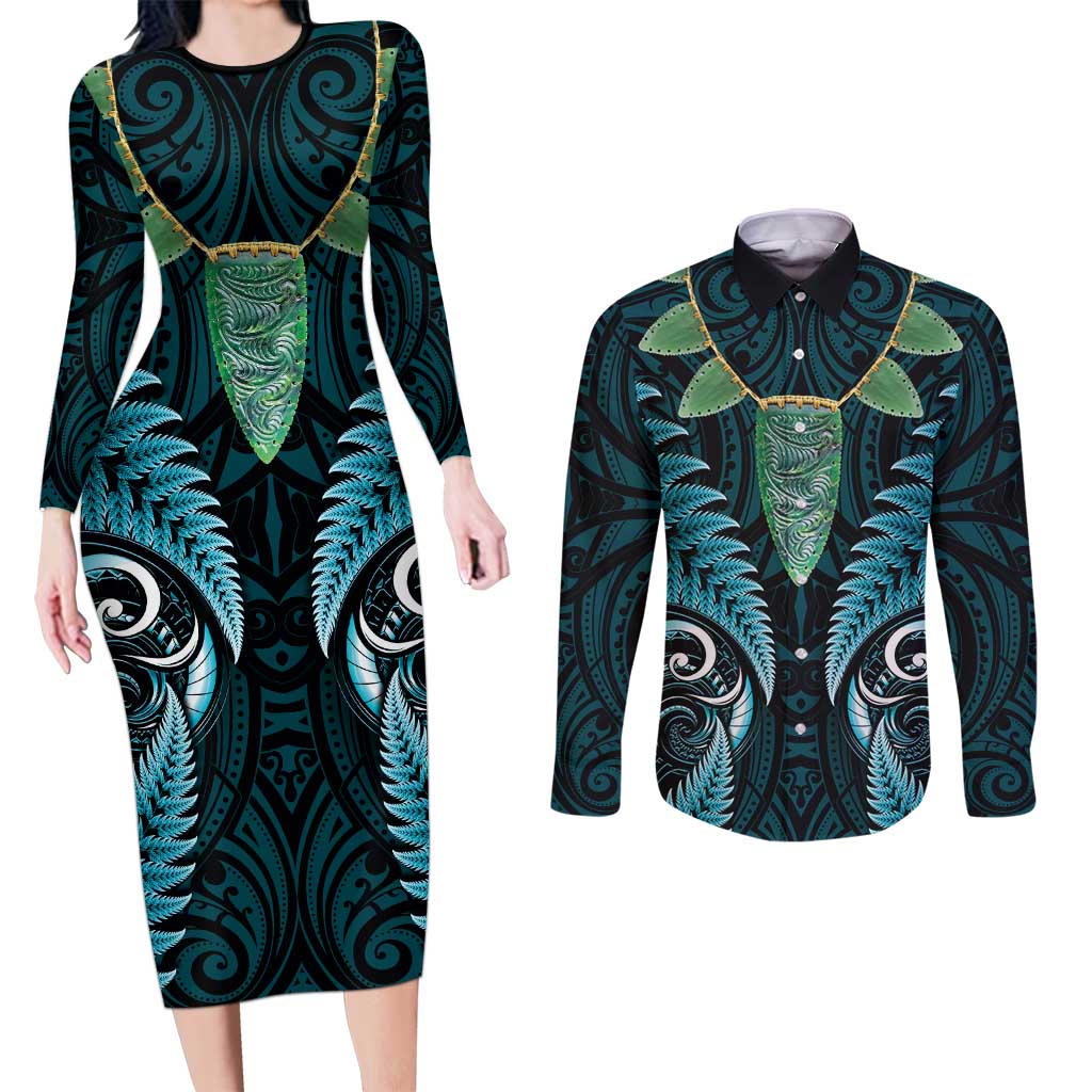 Aotearoa Pounamu Niho Couples Matching Long Sleeve Bodycon Dress and Long Sleeve Button Shirt Silver Fern Mix Maori Pattern - Turquoise