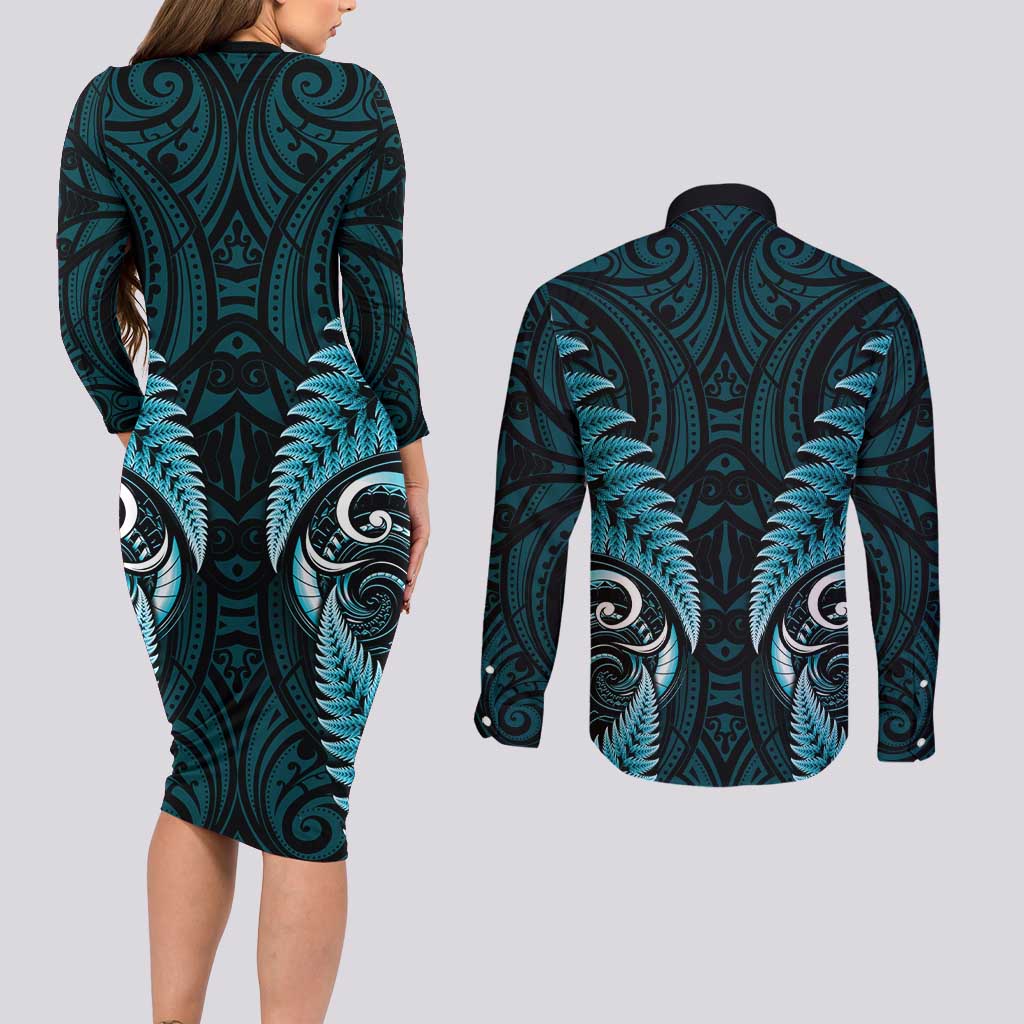 Aotearoa Pounamu Niho Couples Matching Long Sleeve Bodycon Dress and Long Sleeve Button Shirt Silver Fern Mix Maori Pattern - Turquoise