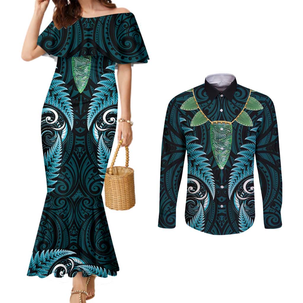 Aotearoa Pounamu Niho Couples Matching Mermaid Dress and Long Sleeve Button Shirt Silver Fern Mix Maori Pattern - Turquoise