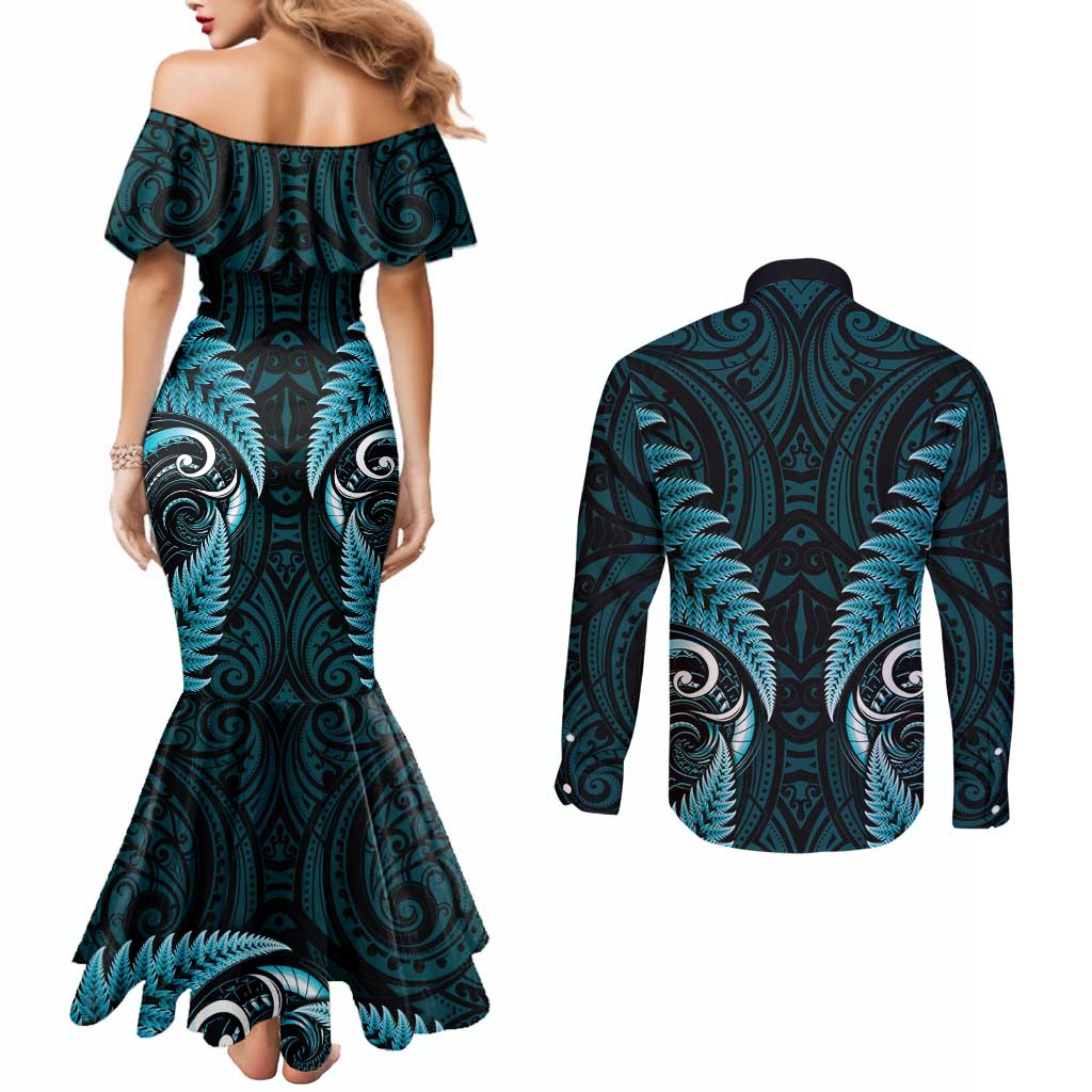 Aotearoa Pounamu Niho Couples Matching Mermaid Dress and Long Sleeve Button Shirt Silver Fern Mix Maori Pattern - Turquoise