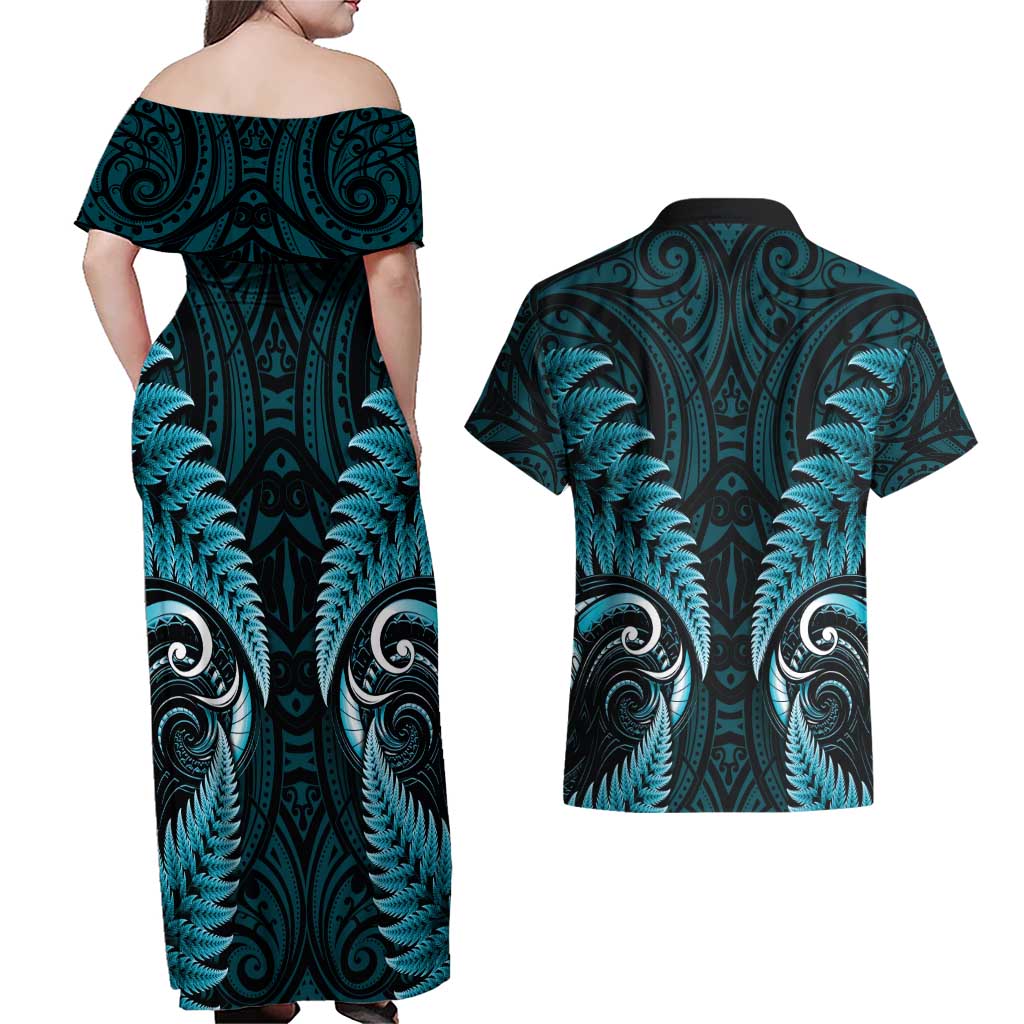 Aotearoa Pounamu Niho Couples Matching Off Shoulder Maxi Dress and Hawaiian Shirt Silver Fern Mix Maori Pattern - Turquoise