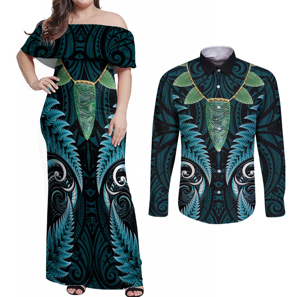 Aotearoa Pounamu Niho Couples Matching Off Shoulder Maxi Dress and Long Sleeve Button Shirt Silver Fern Mix Maori Pattern - Turquoise