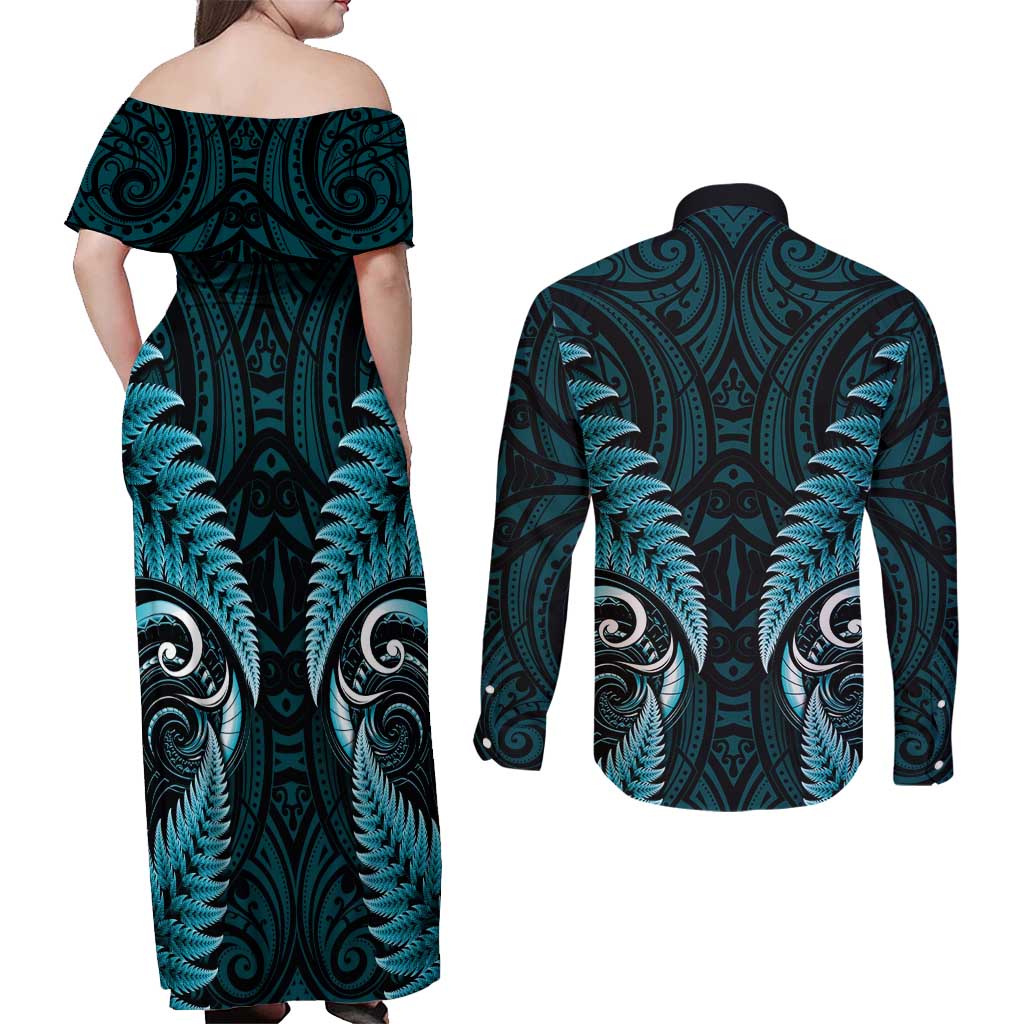 Aotearoa Pounamu Niho Couples Matching Off Shoulder Maxi Dress and Long Sleeve Button Shirt Silver Fern Mix Maori Pattern - Turquoise