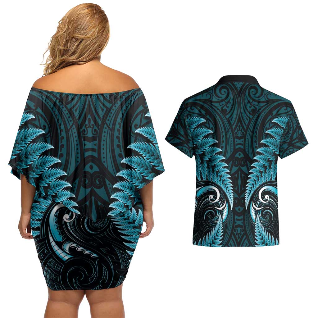 Aotearoa Pounamu Niho Couples Matching Off Shoulder Short Dress and Hawaiian Shirt Silver Fern Mix Maori Pattern - Turquoise