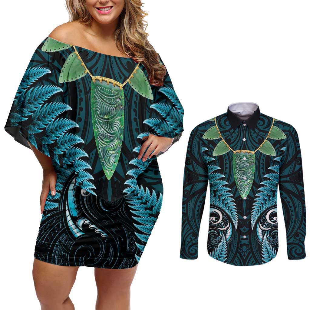 Aotearoa Pounamu Niho Couples Matching Off Shoulder Short Dress and Long Sleeve Button Shirt Silver Fern Mix Maori Pattern - Turquoise