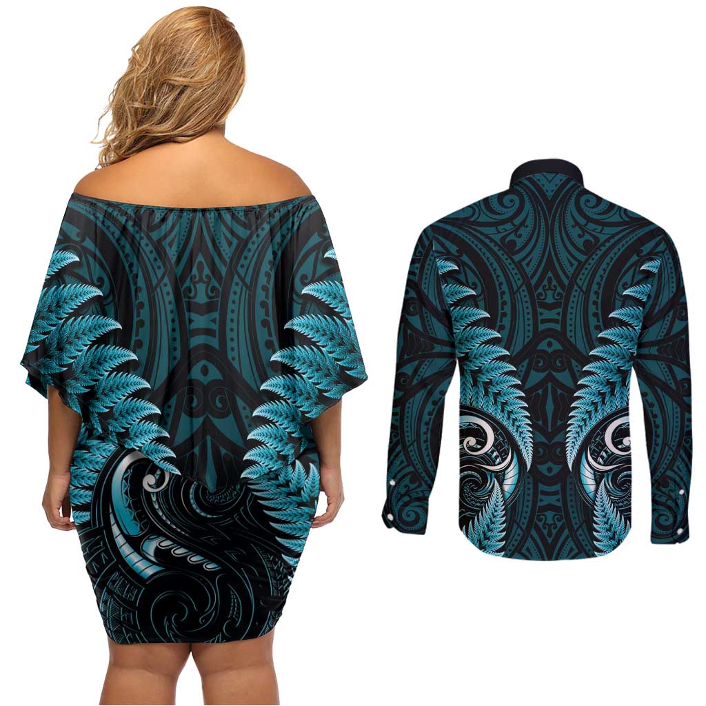 Aotearoa Pounamu Niho Couples Matching Off Shoulder Short Dress and Long Sleeve Button Shirt Silver Fern Mix Maori Pattern - Turquoise