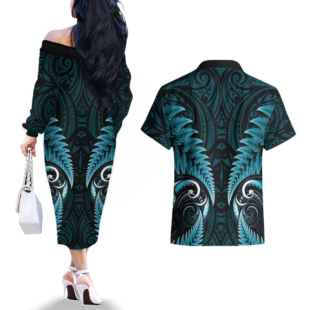 Aotearoa Pounamu Niho Couples Matching Off The Shoulder Long Sleeve Dress and Hawaiian Shirt Silver Fern Mix Maori Pattern - Turquoise