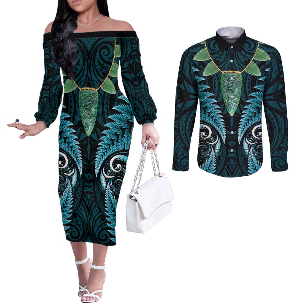 Aotearoa Pounamu Niho Couples Matching Off The Shoulder Long Sleeve Dress and Long Sleeve Button Shirt Silver Fern Mix Maori Pattern - Turquoise