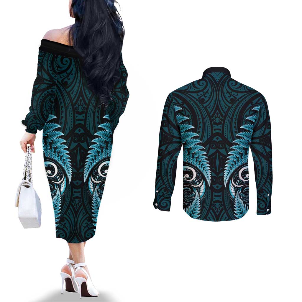 Aotearoa Pounamu Niho Couples Matching Off The Shoulder Long Sleeve Dress and Long Sleeve Button Shirt Silver Fern Mix Maori Pattern - Turquoise