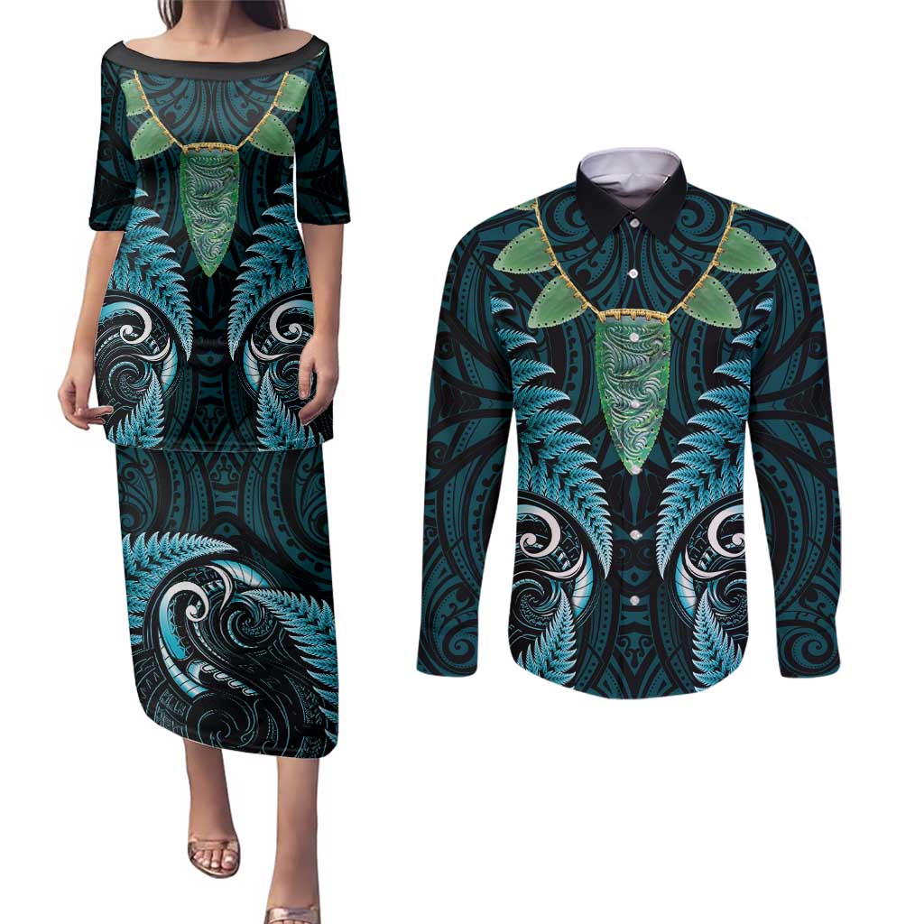 Aotearoa Pounamu Niho Couples Matching Puletasi and Long Sleeve Button Shirt Silver Fern Mix Maori Pattern - Turquoise