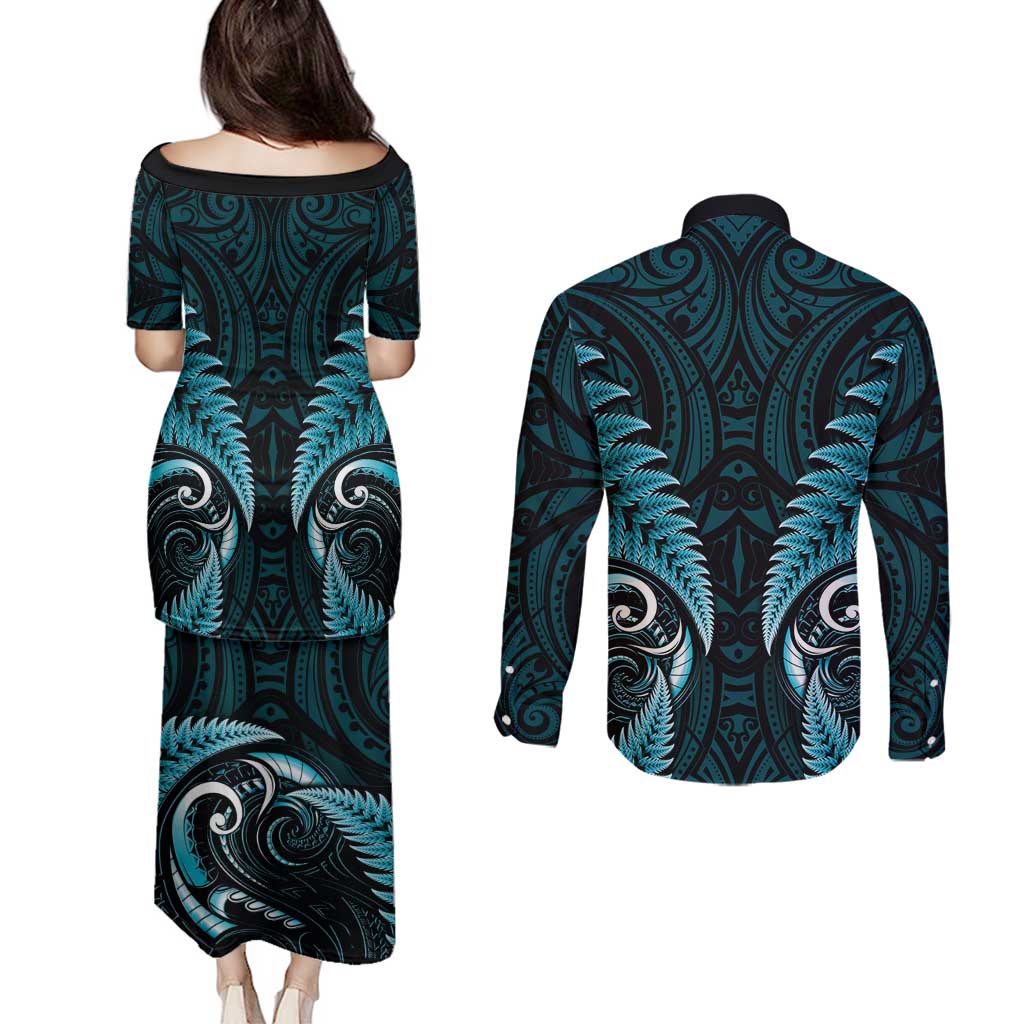 Aotearoa Pounamu Niho Couples Matching Puletasi and Long Sleeve Button Shirt Silver Fern Mix Maori Pattern - Turquoise