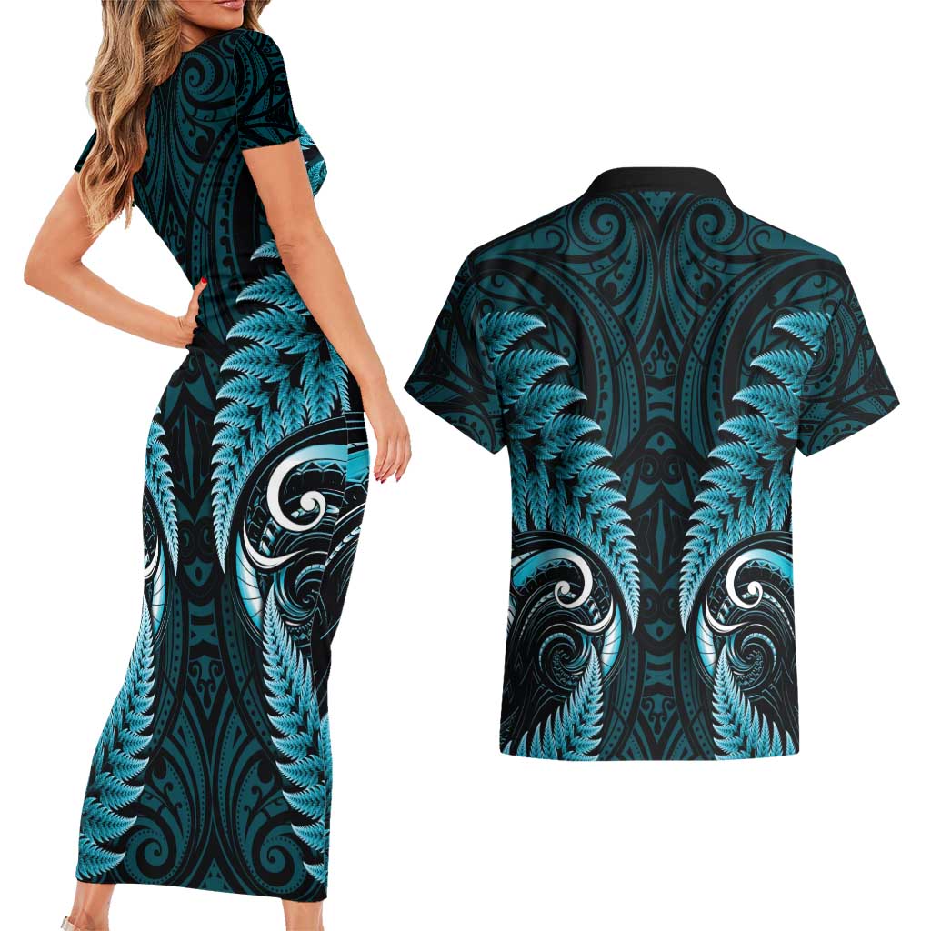 Aotearoa Pounamu Niho Couples Matching Short Sleeve Bodycon Dress and Hawaiian Shirt Silver Fern Mix Maori Pattern - Turquoise