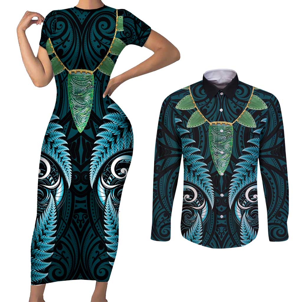 Aotearoa Pounamu Niho Couples Matching Short Sleeve Bodycon Dress and Long Sleeve Button Shirt Silver Fern Mix Maori Pattern - Turquoise