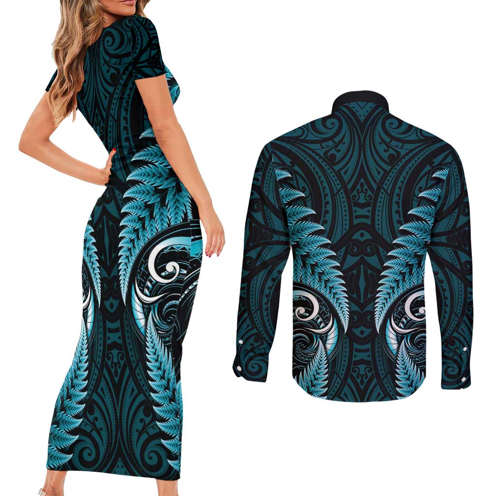 Aotearoa Pounamu Niho Couples Matching Short Sleeve Bodycon Dress and Long Sleeve Button Shirt Silver Fern Mix Maori Pattern - Turquoise