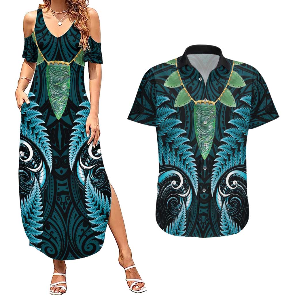 Aotearoa Pounamu Niho Couples Matching Summer Maxi Dress and Hawaiian Shirt Silver Fern Mix Maori Pattern - Turquoise