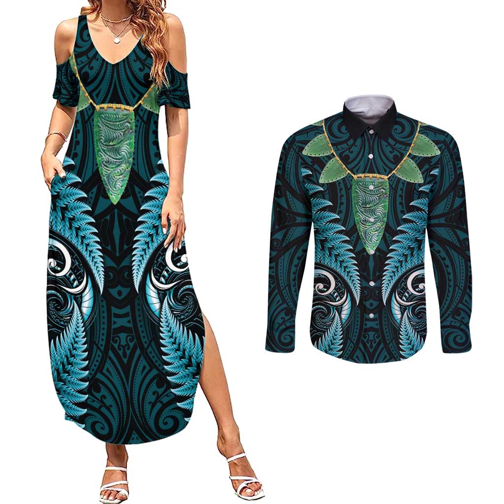 Aotearoa Pounamu Niho Couples Matching Summer Maxi Dress and Long Sleeve Button Shirt Silver Fern Mix Maori Pattern - Turquoise