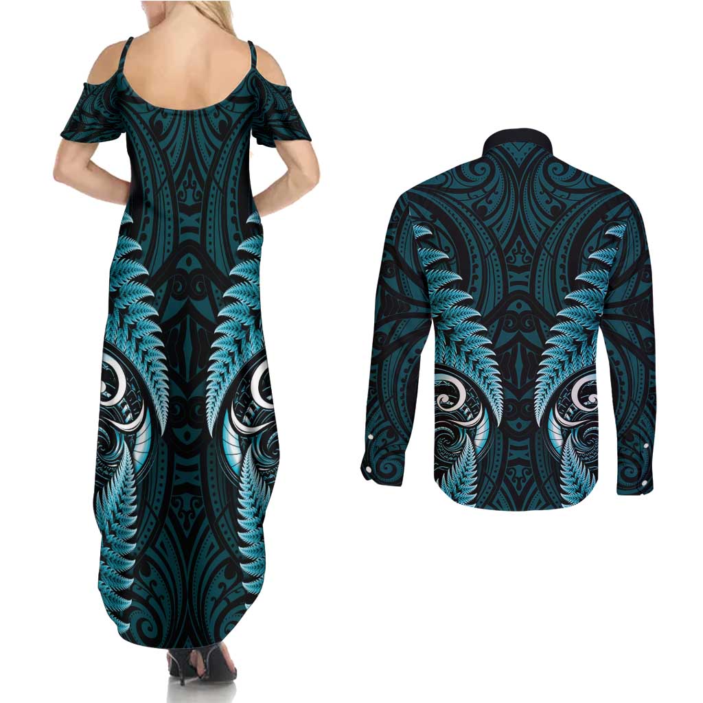 Aotearoa Pounamu Niho Couples Matching Summer Maxi Dress and Long Sleeve Button Shirt Silver Fern Mix Maori Pattern - Turquoise