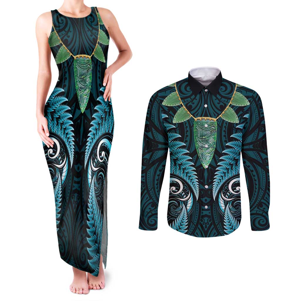 Aotearoa Pounamu Niho Couples Matching Tank Maxi Dress and Long Sleeve Button Shirt Silver Fern Mix Maori Pattern - Turquoise