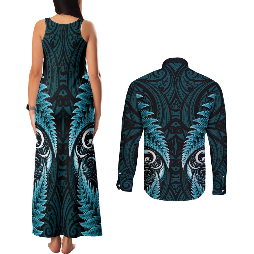 Aotearoa Pounamu Niho Couples Matching Tank Maxi Dress and Long Sleeve Button Shirt Silver Fern Mix Maori Pattern - Turquoise