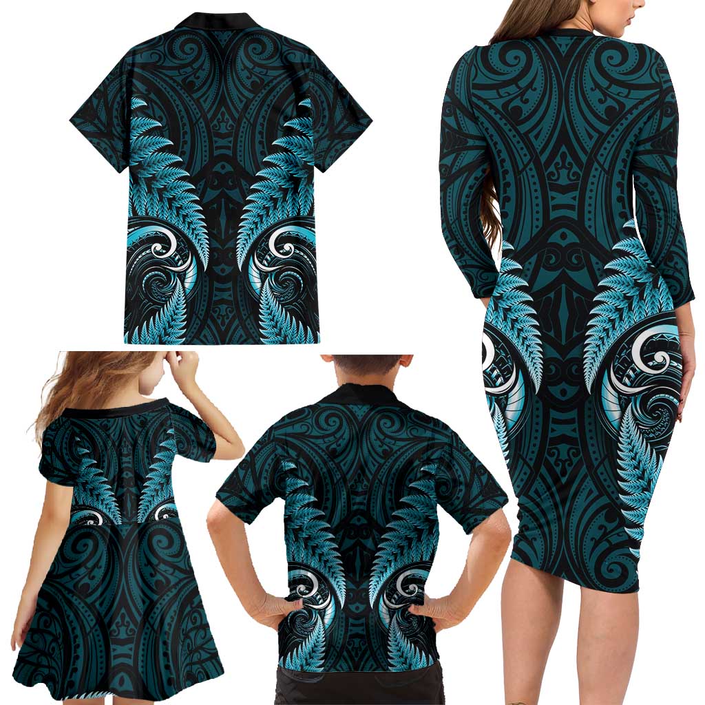 Aotearoa Pounamu Niho Family Matching Long Sleeve Bodycon Dress and Hawaiian Shirt Silver Fern Mix Maori Pattern - Turquoise