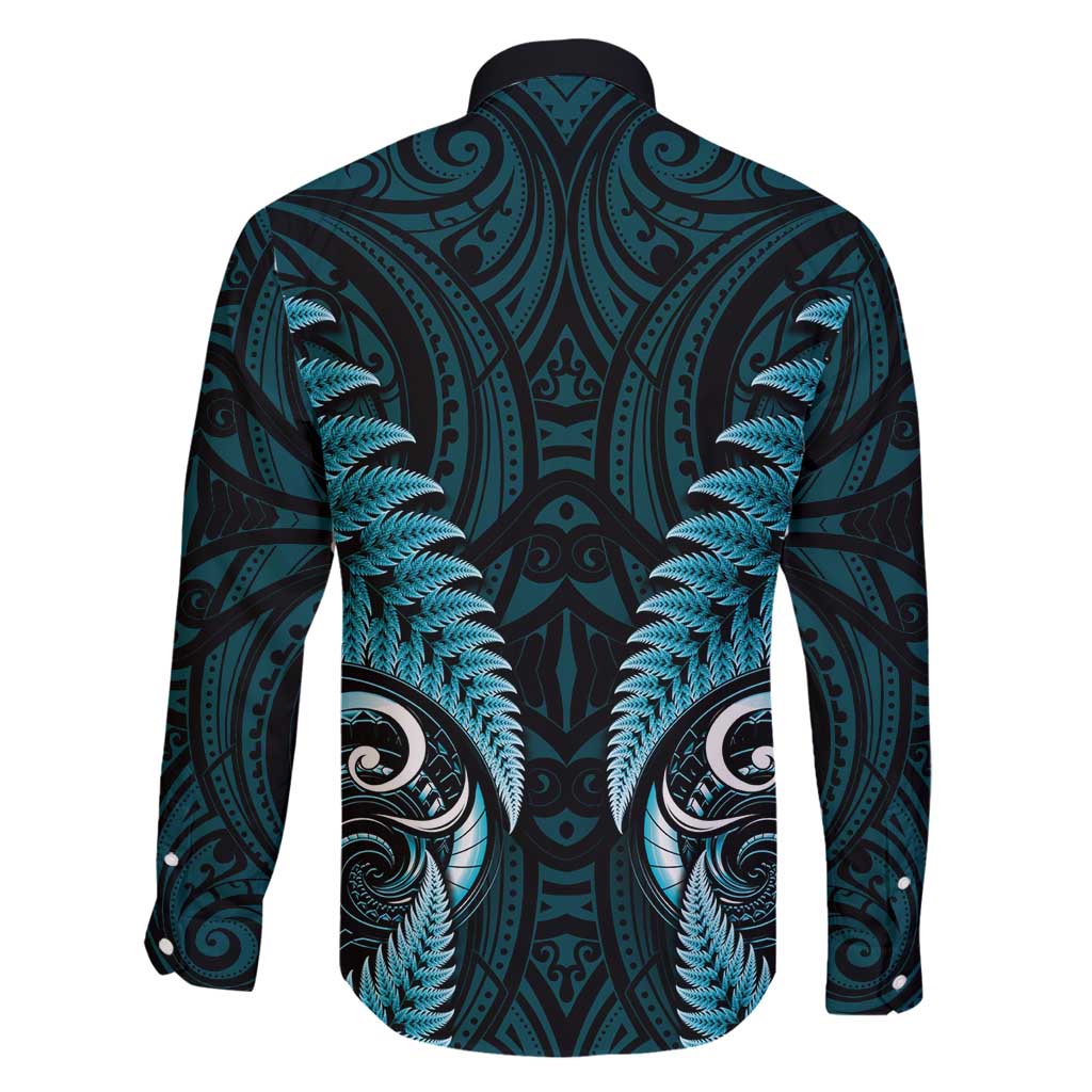 Aotearoa Pounamu Niho Family Matching Long Sleeve Bodycon Dress and Hawaiian Shirt Silver Fern Mix Maori Pattern - Turquoise