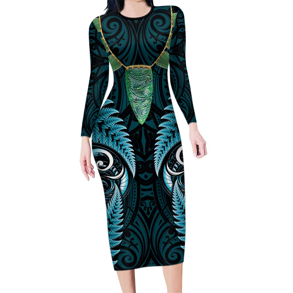 Aotearoa Pounamu Niho Family Matching Long Sleeve Bodycon Dress and Hawaiian Shirt Silver Fern Mix Maori Pattern - Turquoise