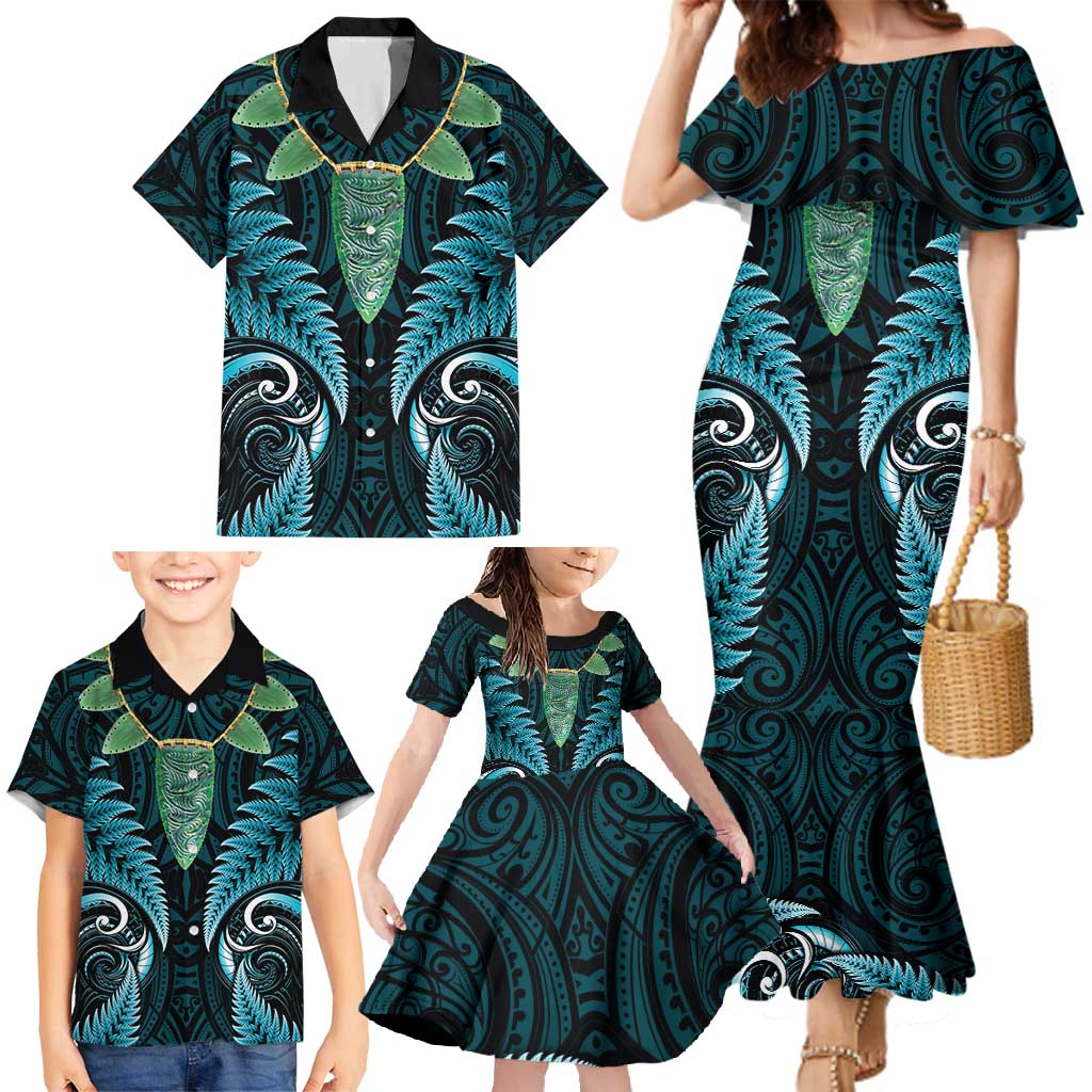 Aotearoa Pounamu Niho Family Matching Mermaid Dress and Hawaiian Shirt Silver Fern Mix Maori Pattern - Turquoise