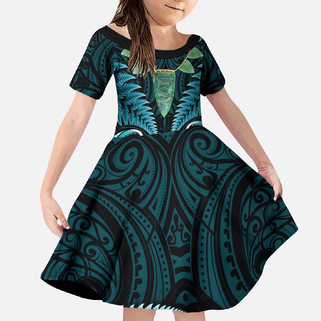 Aotearoa Pounamu Niho Family Matching Mermaid Dress and Hawaiian Shirt Silver Fern Mix Maori Pattern - Turquoise