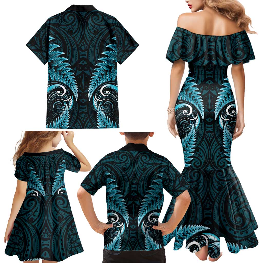 Aotearoa Pounamu Niho Family Matching Mermaid Dress and Hawaiian Shirt Silver Fern Mix Maori Pattern - Turquoise